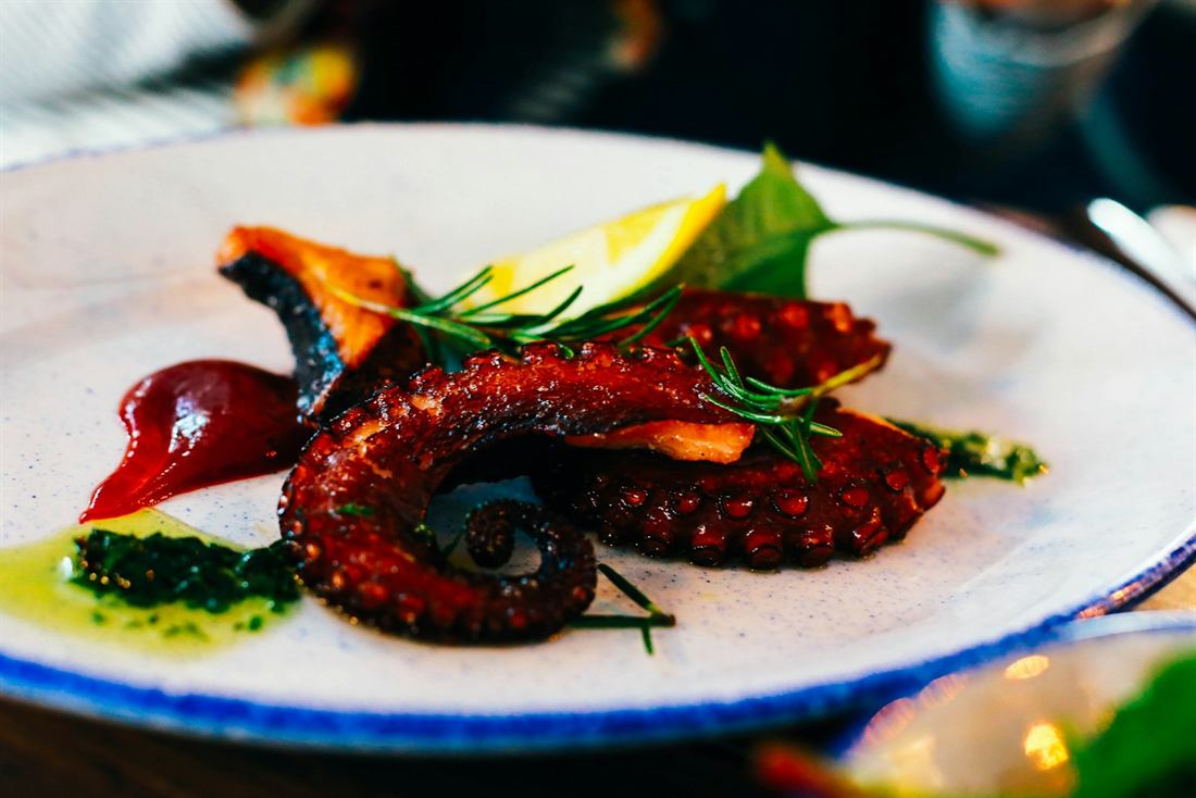 Charred octopus tentacle with lemon, herbs and sauces on a hand-painted plate